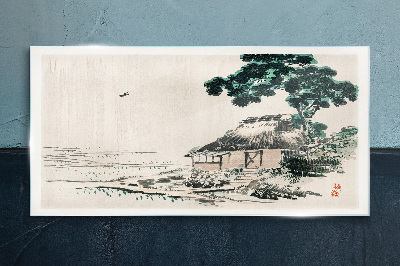 Peaceful country cottage by the lake Glass Print