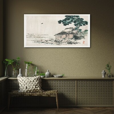 Peaceful country cottage by the lake Glass Print