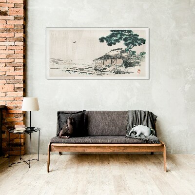Peaceful country cottage by the lake Glass Print