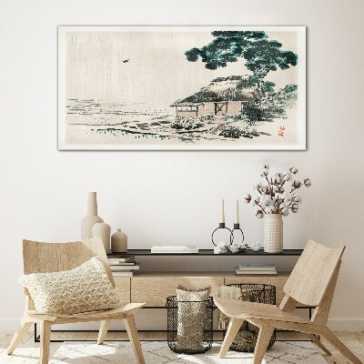 Peaceful country cottage by the lake Glass Print