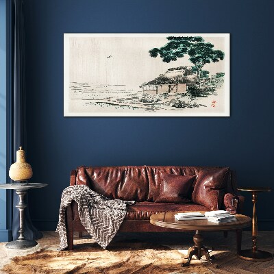 Peaceful country cottage by the lake Glass Print
