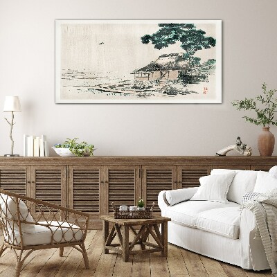 Peaceful country cottage by the lake Glass Print
