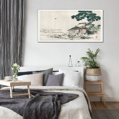 Peaceful country cottage by the lake Glass Print