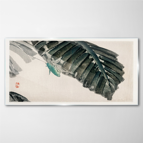 A slender insect on leaves Glass Print