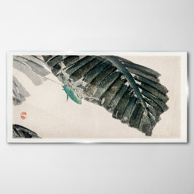 A slender insect on leaves Glass Print