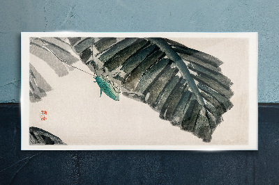 A slender insect on leaves Glass Print