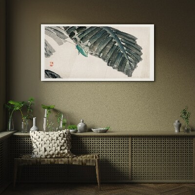 A slender insect on leaves Glass Print