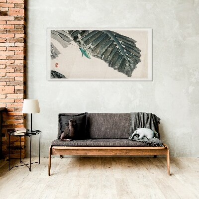 A slender insect on leaves Glass Print