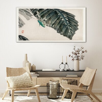A slender insect on leaves Glass Print