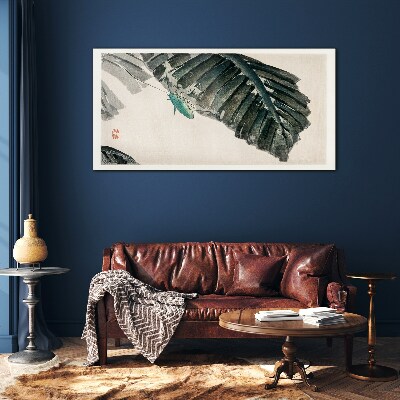 A slender insect on leaves Glass Print