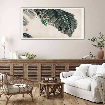 A slender insect on leaves Glass Print