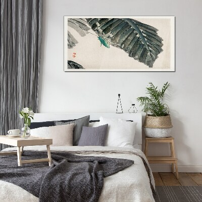 A slender insect on leaves Glass Print