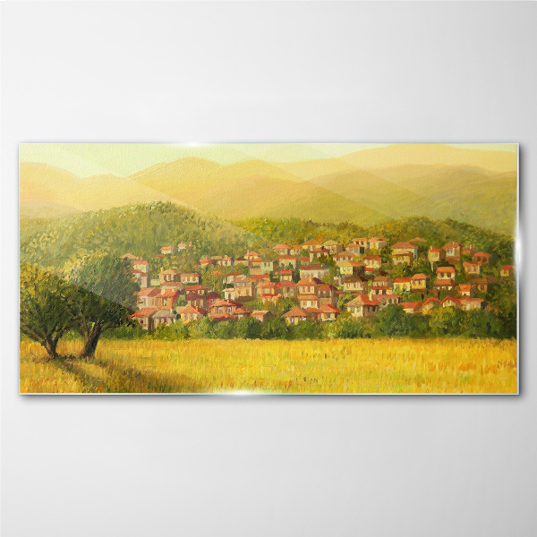 A sunny village among the hills Glass Print