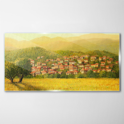 A sunny village among the hills Glass Print