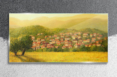 A sunny village among the hills Glass Print