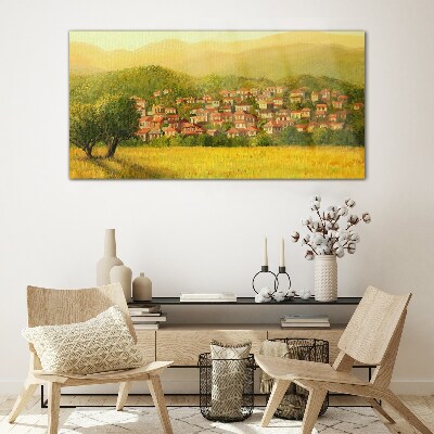 A sunny village among the hills Glass Print