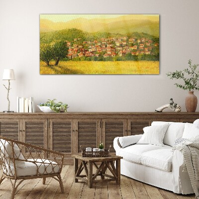 A sunny village among the hills Glass Print