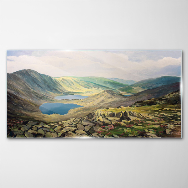 Mountain landscape with a lake Glass Print