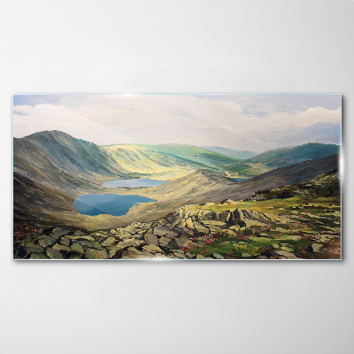 Mountain landscape with a lake Glass Print