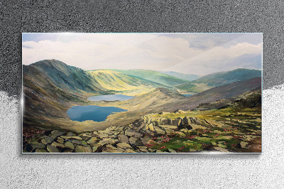 Mountain landscape with a lake Glass Print