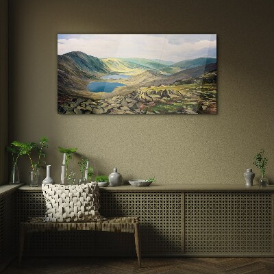 Mountain landscape with a lake Glass Print