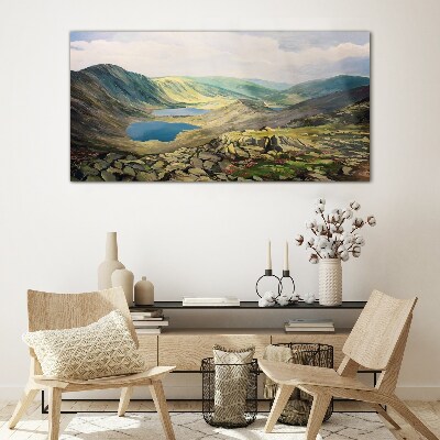 Mountain landscape with a lake Glass Print