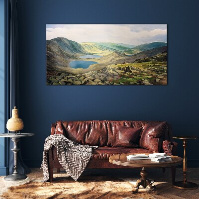 Mountain landscape with a lake Glass Print