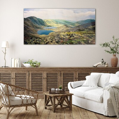 Mountain landscape with a lake Glass Print