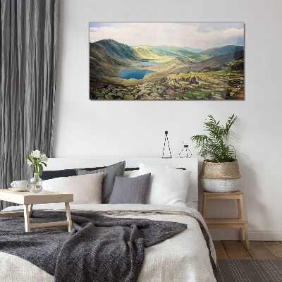 Mountain landscape with a lake Glass Print