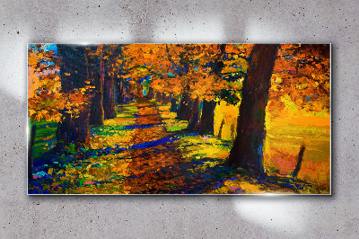 Path tree autumn leaves Glass Wall Art