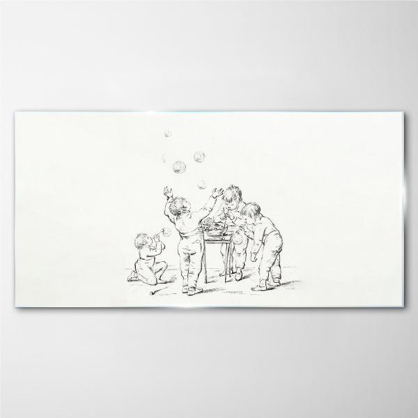 Children playing with soap bubbles Glass Print