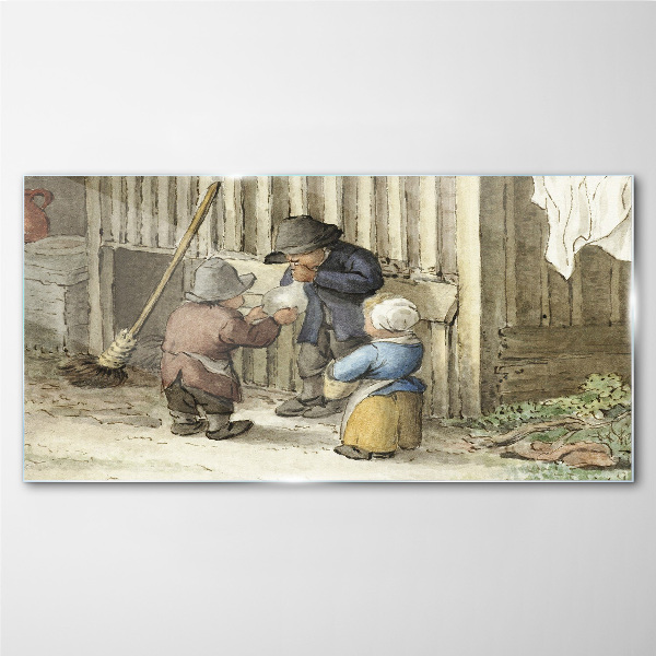 Children playing in the barn Glass Print