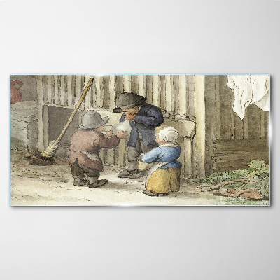 Children playing in the barn Glass Print