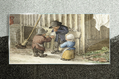 Children playing in the barn Glass Print
