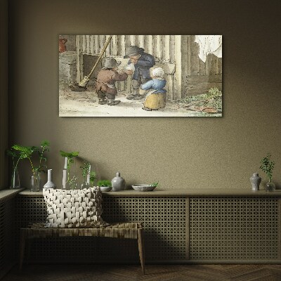 Children playing in the barn Glass Print