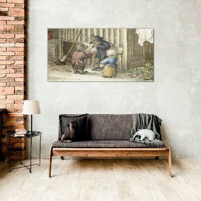 Children playing in the barn Glass Print