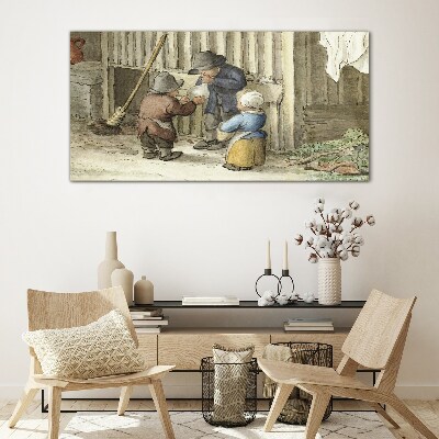 Children playing in the barn Glass Print