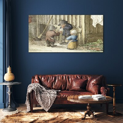 Children playing in the barn Glass Print