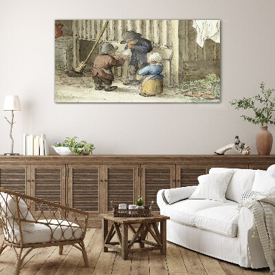 Children playing in the barn Glass Print
