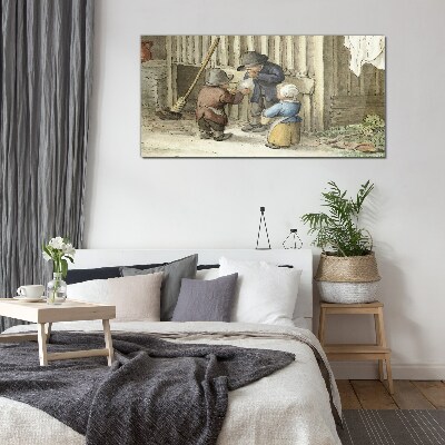 Children playing in the barn Glass Print
