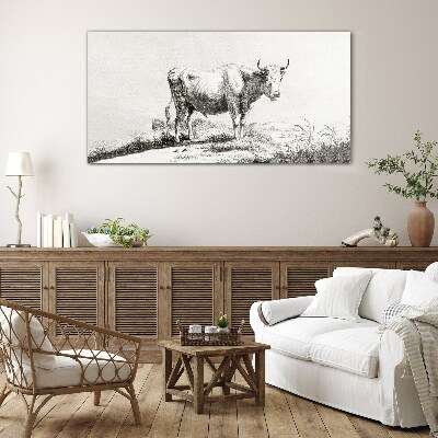 Black cow in the pasture Glass Print