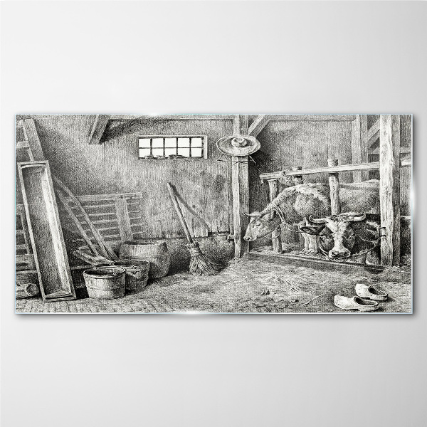 A pen with cows and tools Glass Print