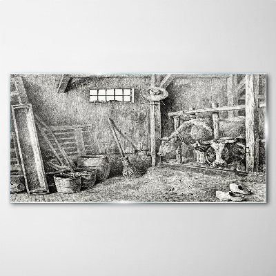 A pen with cows and tools Glass Print