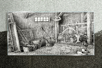 A pen with cows and tools Glass Print