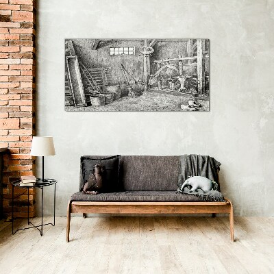 A pen with cows and tools Glass Print