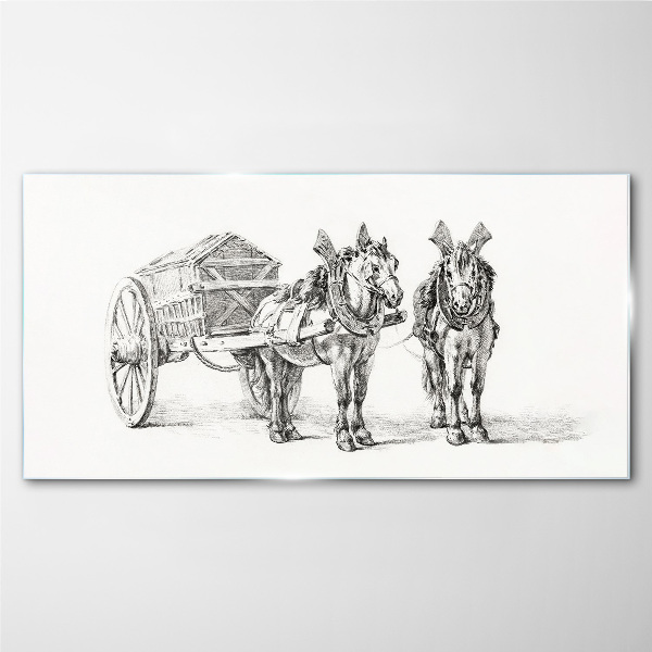 Two horses by a cart Glass Print