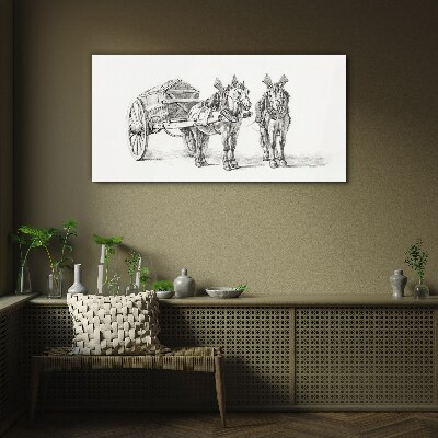 Two horses by a cart Glass Print