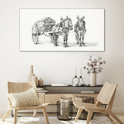 Two horses by a cart Glass Print