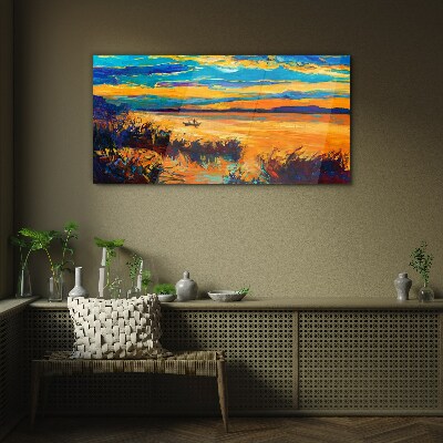 Golden reflections over the water Glass Print