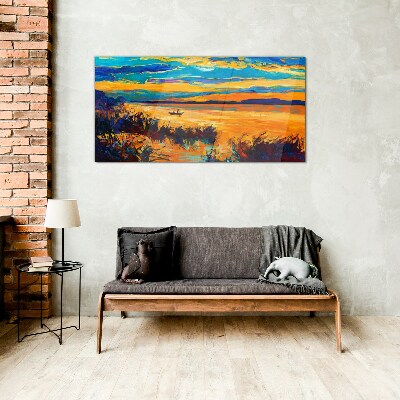 Golden reflections over the water Glass Print